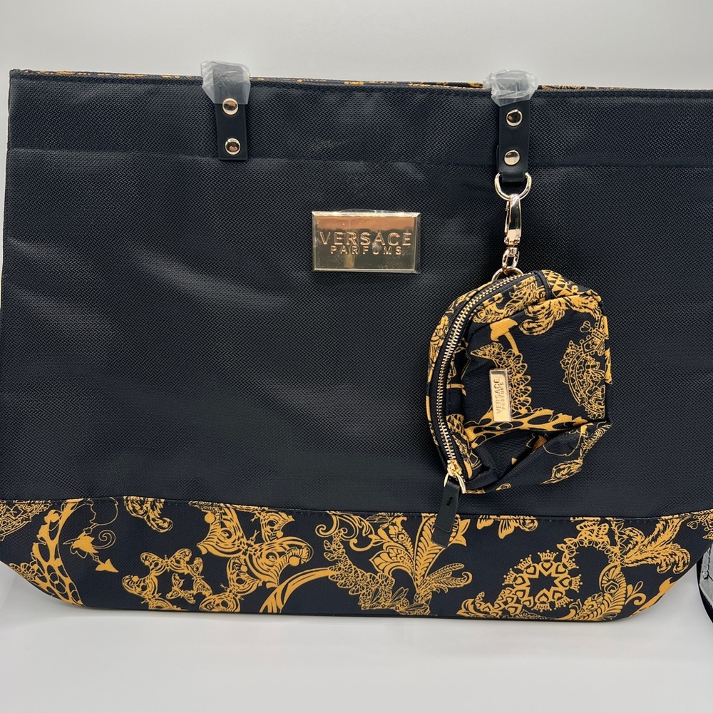 Versace Parfums Black and Gold Weekender Tote Purse Travel Bag NEW Authentic